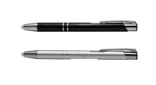  ปากกาโลหะ แบบไฟฉาย สีดำ สีเงิน  ,  ปากกาโลหะ ขนาดยาว 13.7ซม รอบ3.8 ซม